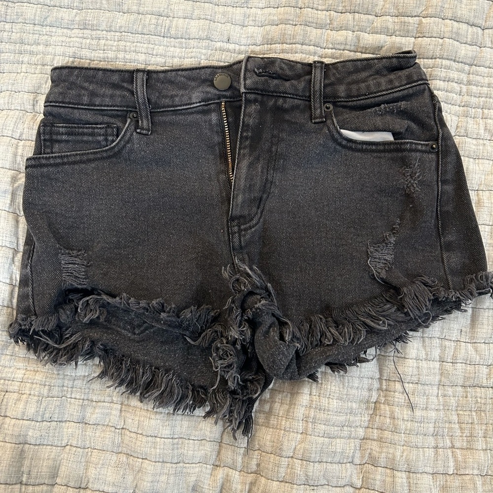 Black Jean Shorts with Distressed Frayed Hem